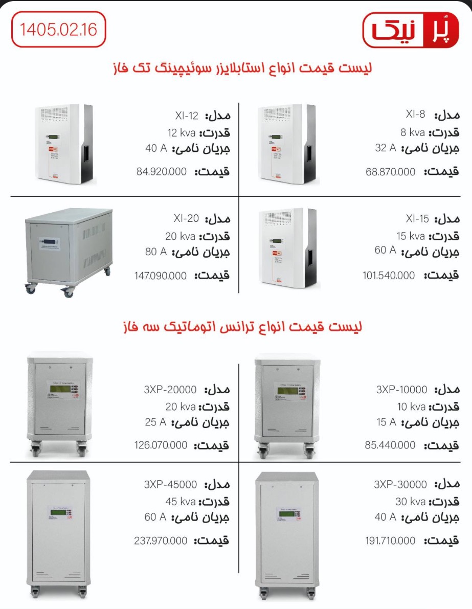 لیست قیمت استابلایزر پرنیک 1405 - اردیبهشت
